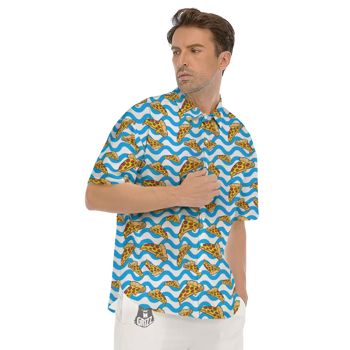 Blue Wave Pizza Print Pattern Men's Short Sleeve Shirts-grizzshop