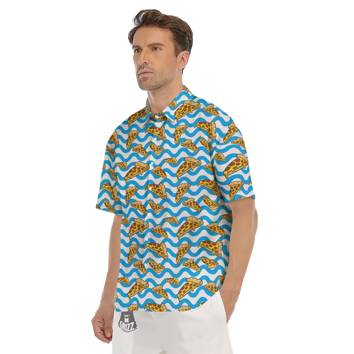 Blue Wave Pizza Print Pattern Men's Short Sleeve Shirts-grizzshop