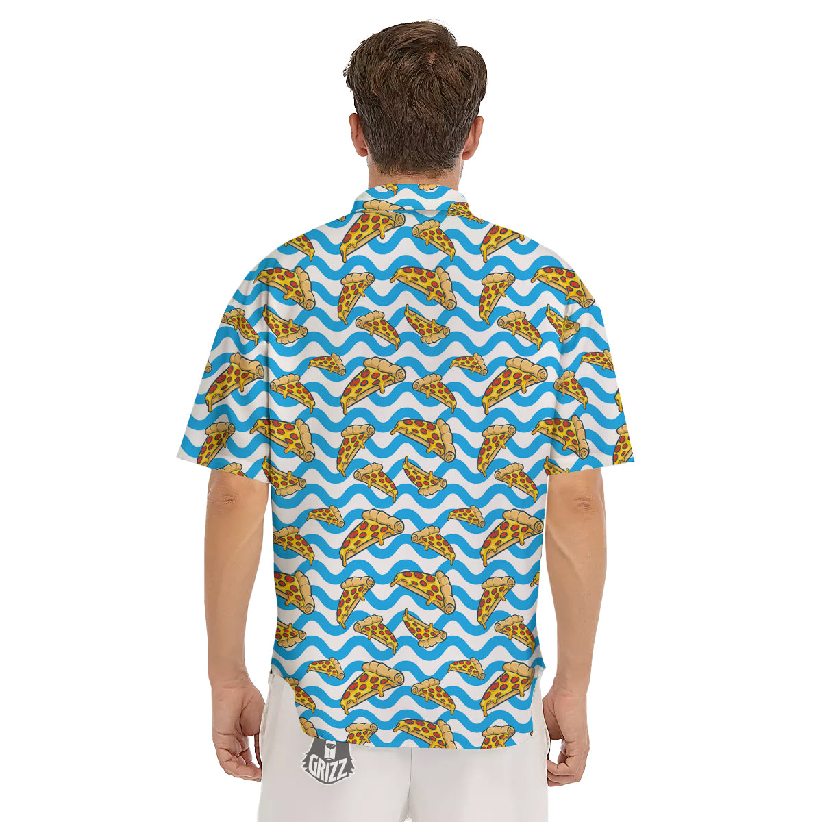 Blue Wave Pizza Print Pattern Men's Short Sleeve Shirts-grizzshop