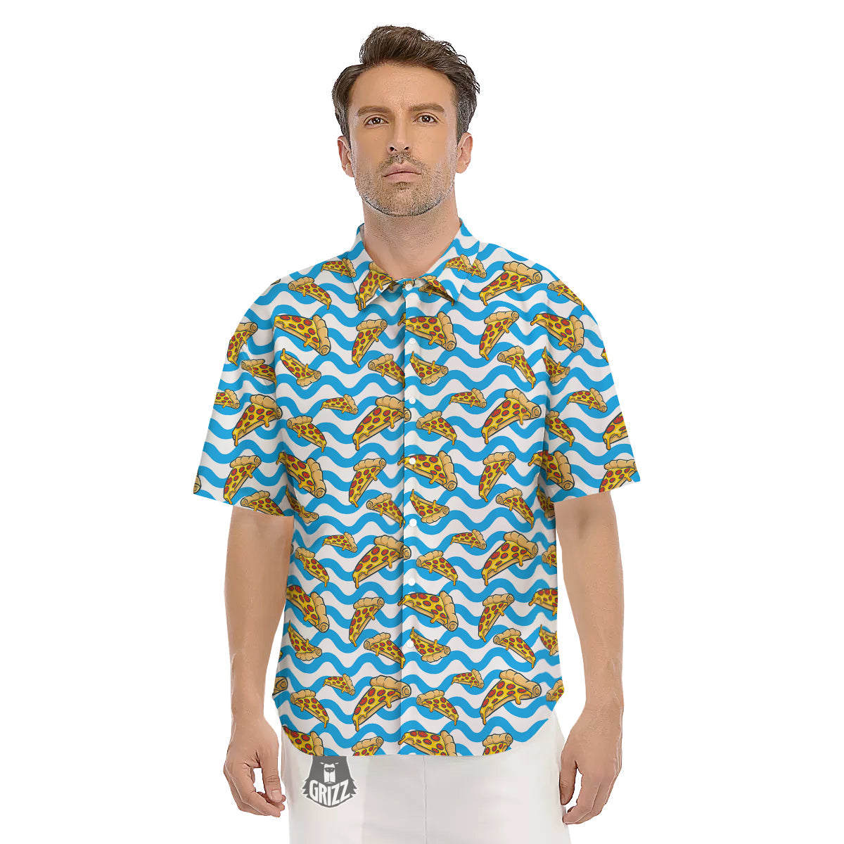 Blue Wave Pizza Print Pattern Men's Short Sleeve Shirts-grizzshop