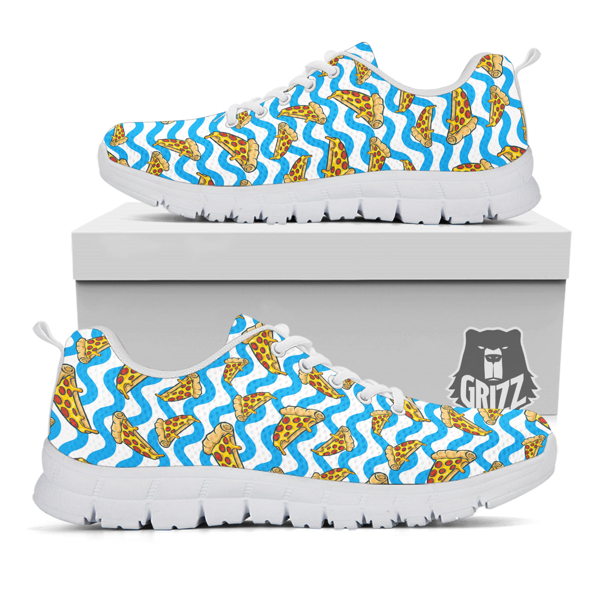 Blue Wave Pizza Print Pattern White Sneaker-grizzshop
