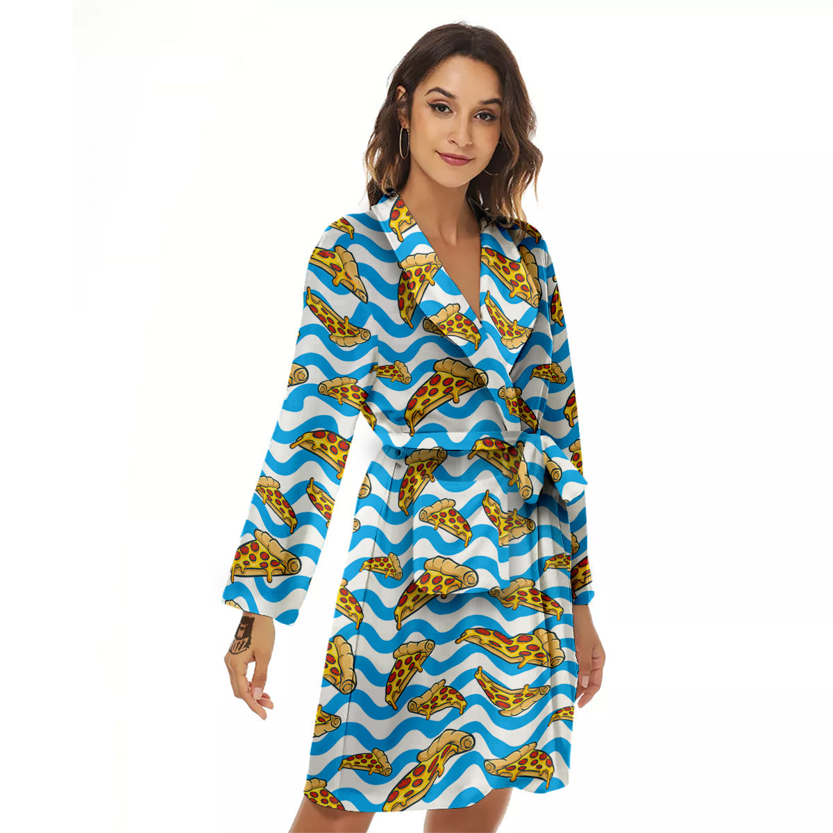 Blue Wave Pizza Print Pattern Women's Robe-grizzshop