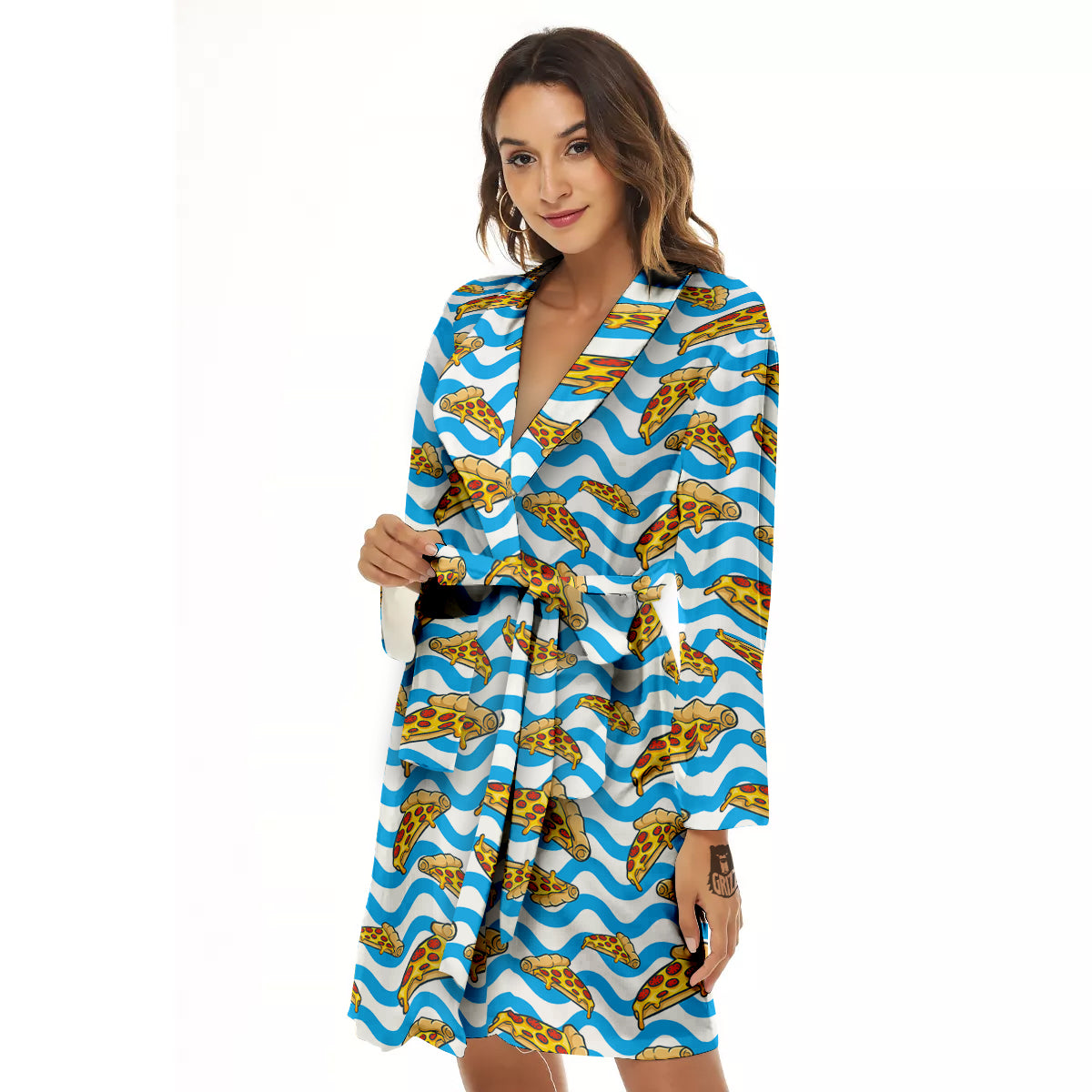 Blue Wave Pizza Print Pattern Women's Robe-grizzshop