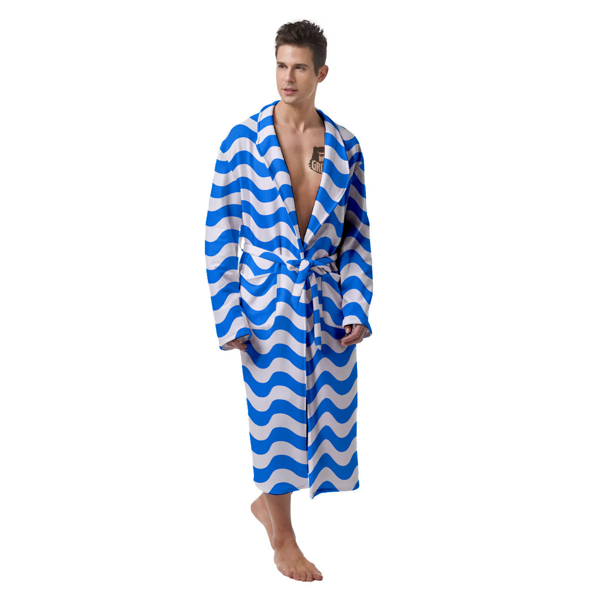 Blue Wave Striped Print Men's Robe-grizzshop