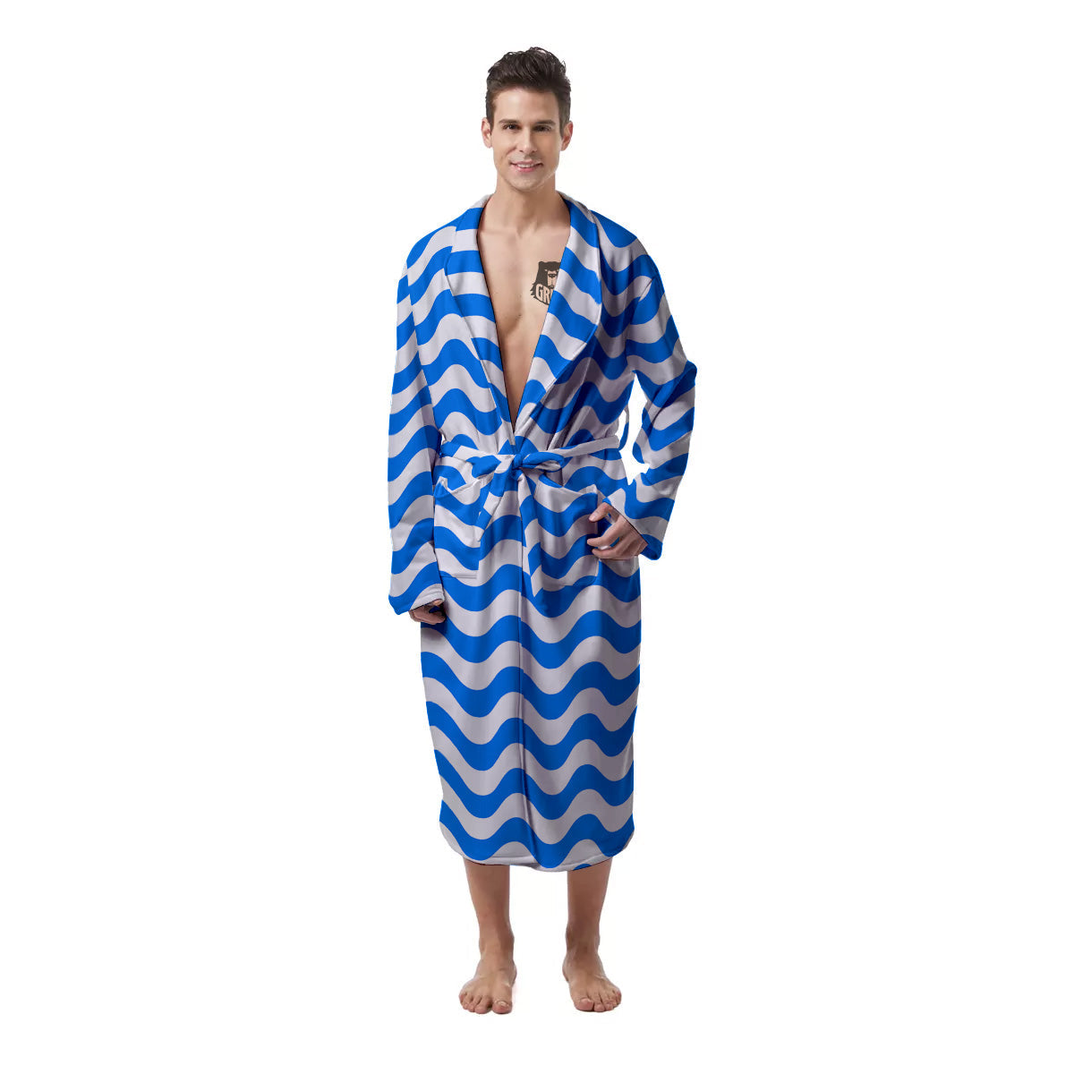 Blue Wave Striped Print Men's Robe-grizzshop