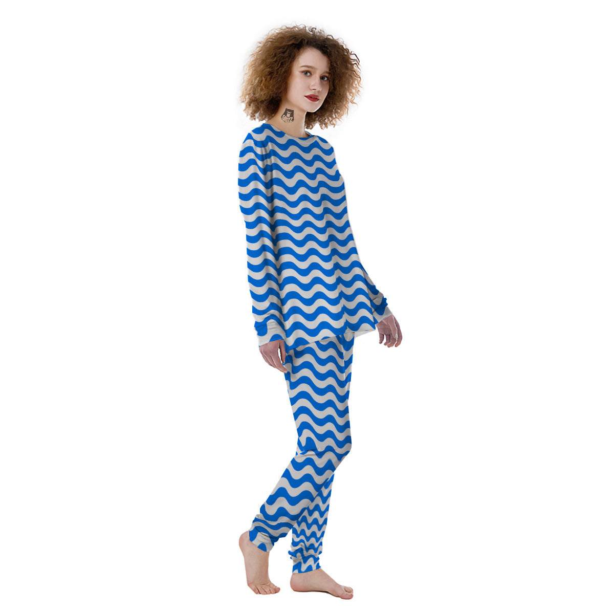 Blue Wave Striped Print Women's Pajamas-grizzshop