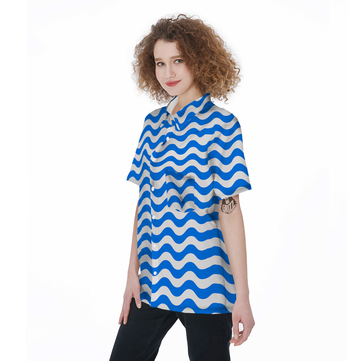 Blue Wave Striped Print Women's Short Sleeve Shirts-grizzshop