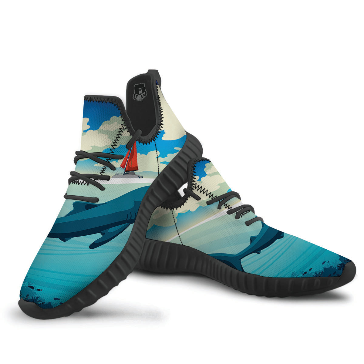 Blue Whale In Deep Sea Print Black Walking Shoes-grizzshop