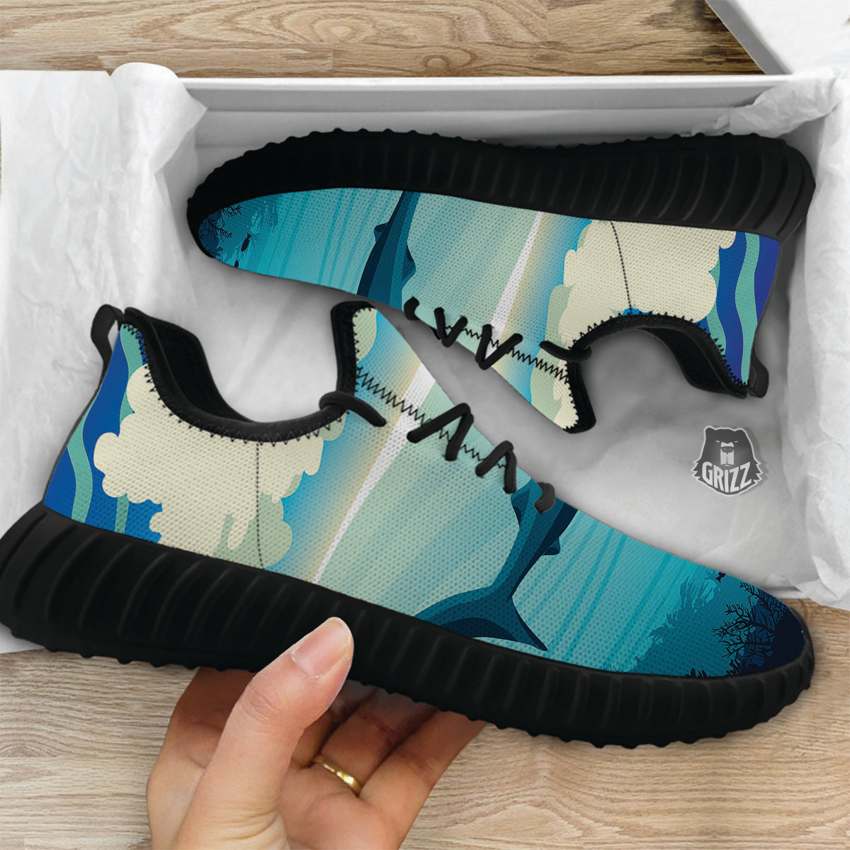 Blue Whale In Deep Sea Print Black Walking Shoes-grizzshop