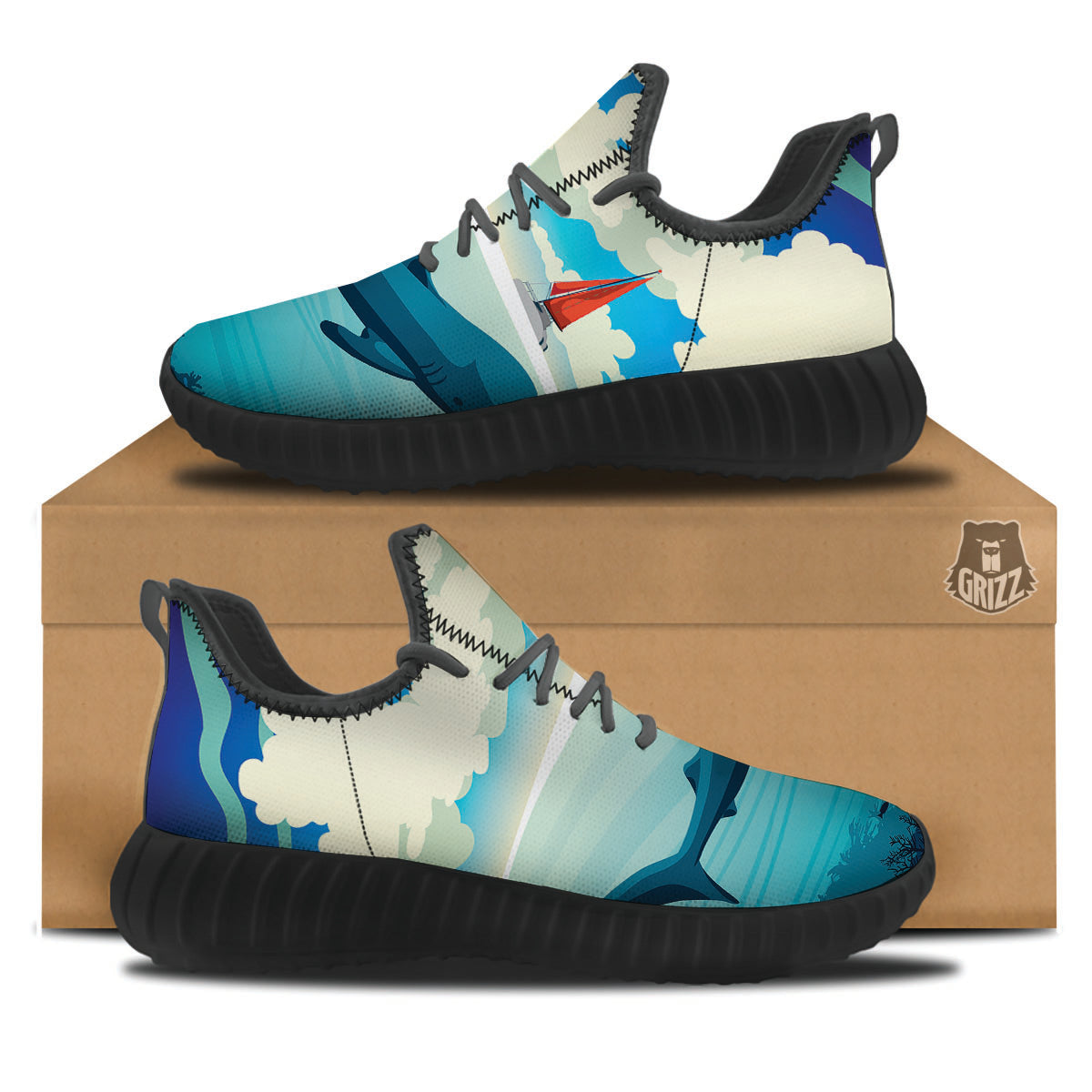 Blue Whale In Deep Sea Print Black Walking Shoes-grizzshop