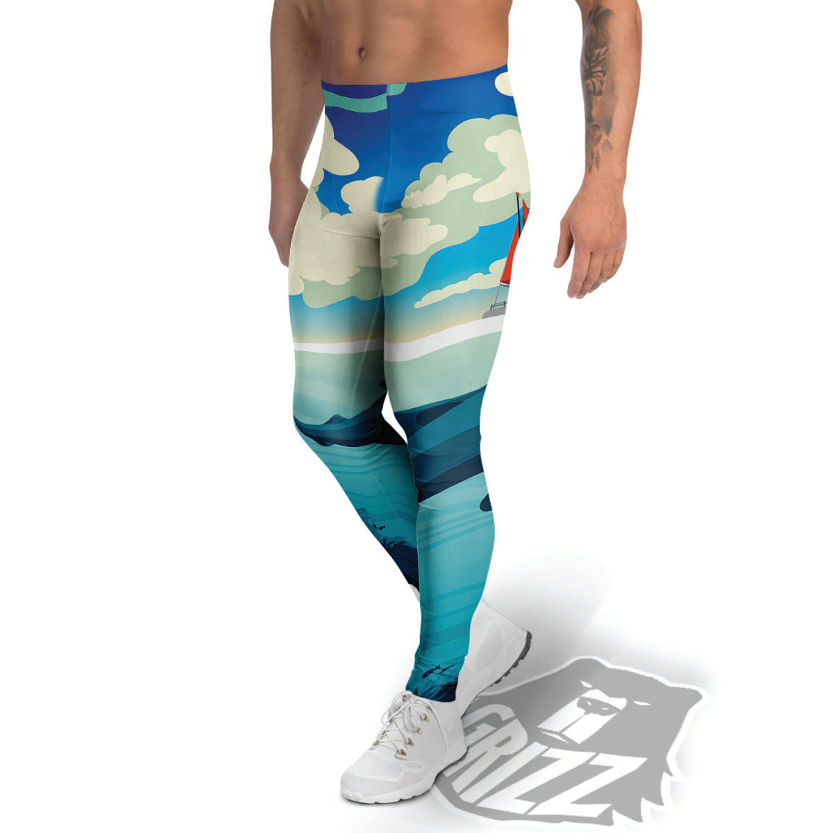 Blue Whale In Deep Sea Print Men's Leggings-grizzshop