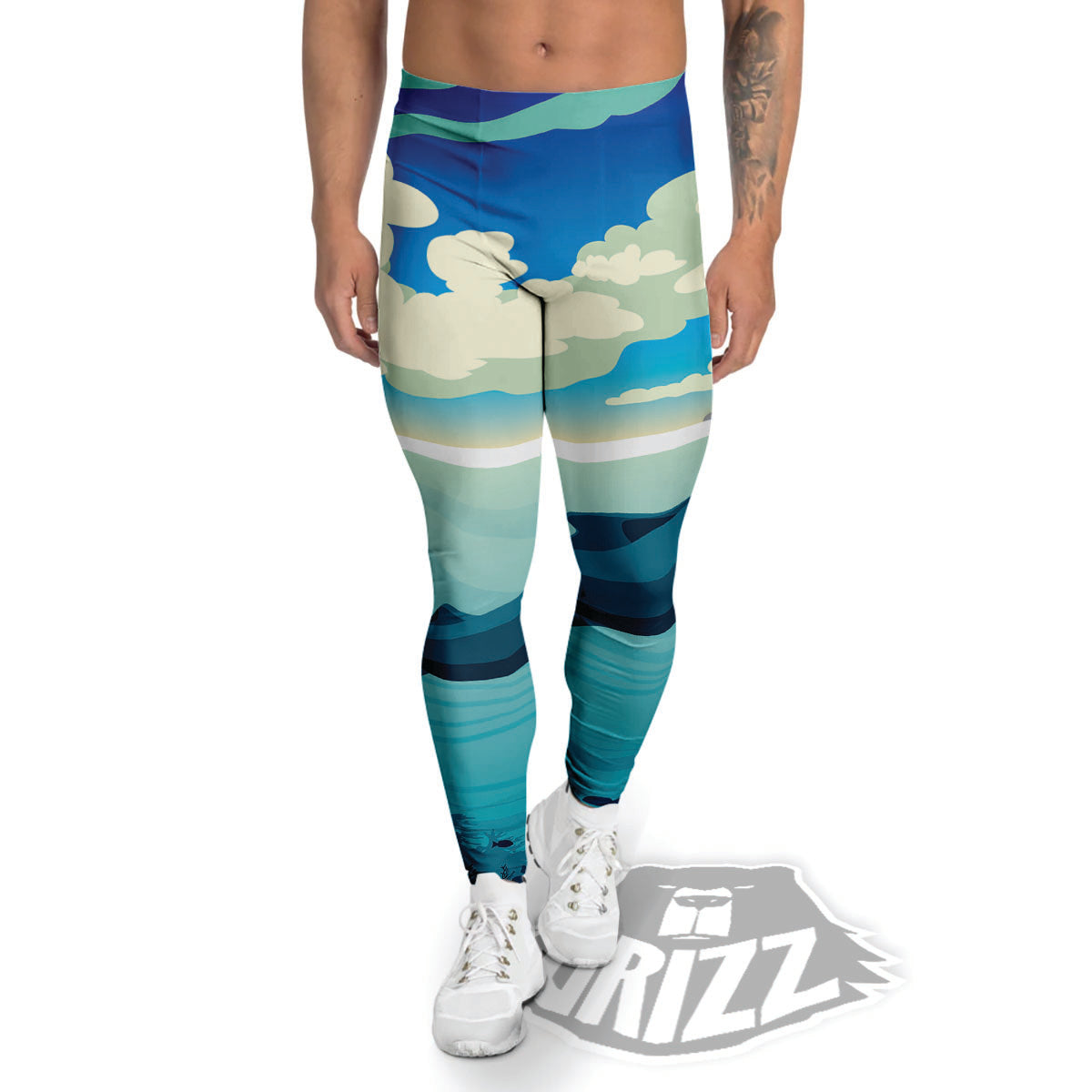Blue Whale In Deep Sea Print Men's Leggings-grizzshop
