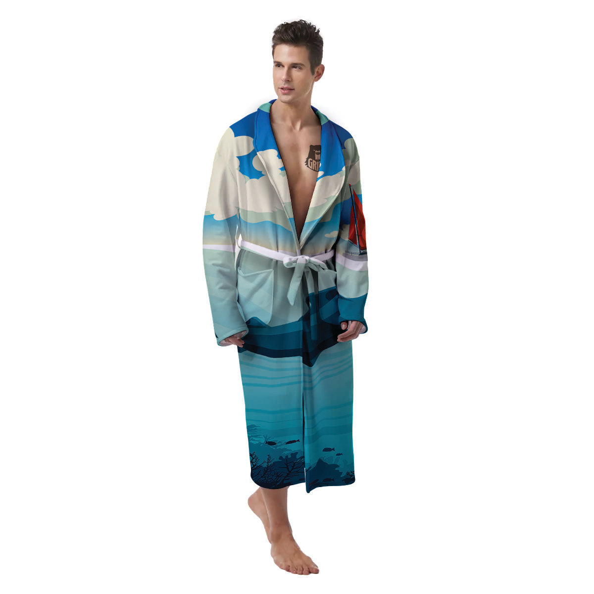Blue Whale In Deep Sea Print Men's Robe-grizzshop