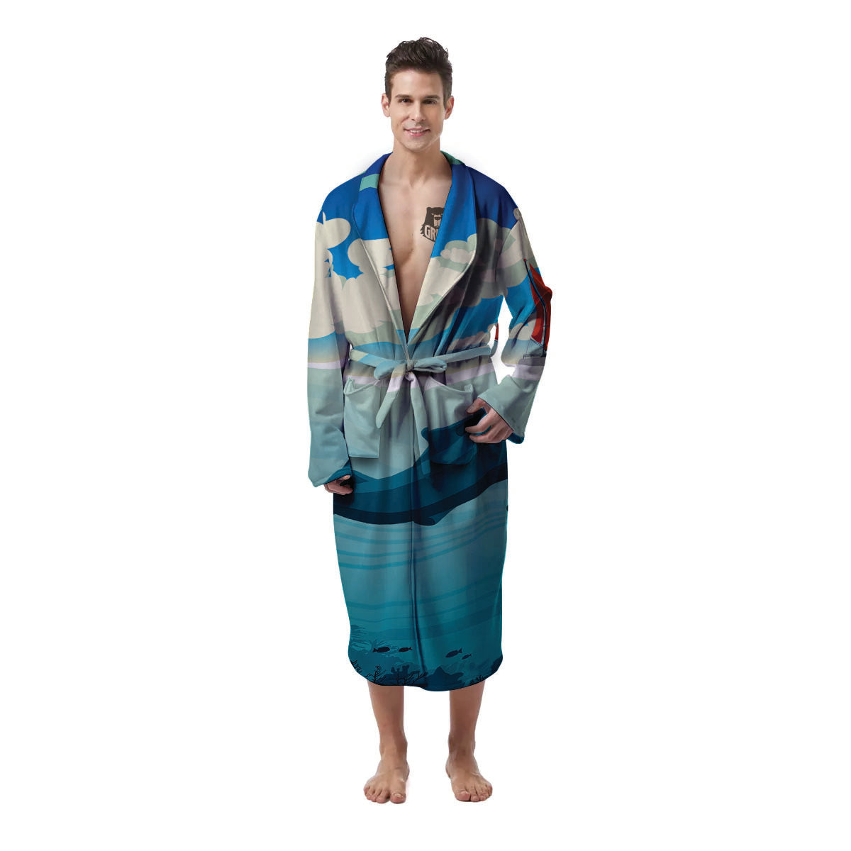 Blue Whale In Deep Sea Print Men's Robe-grizzshop