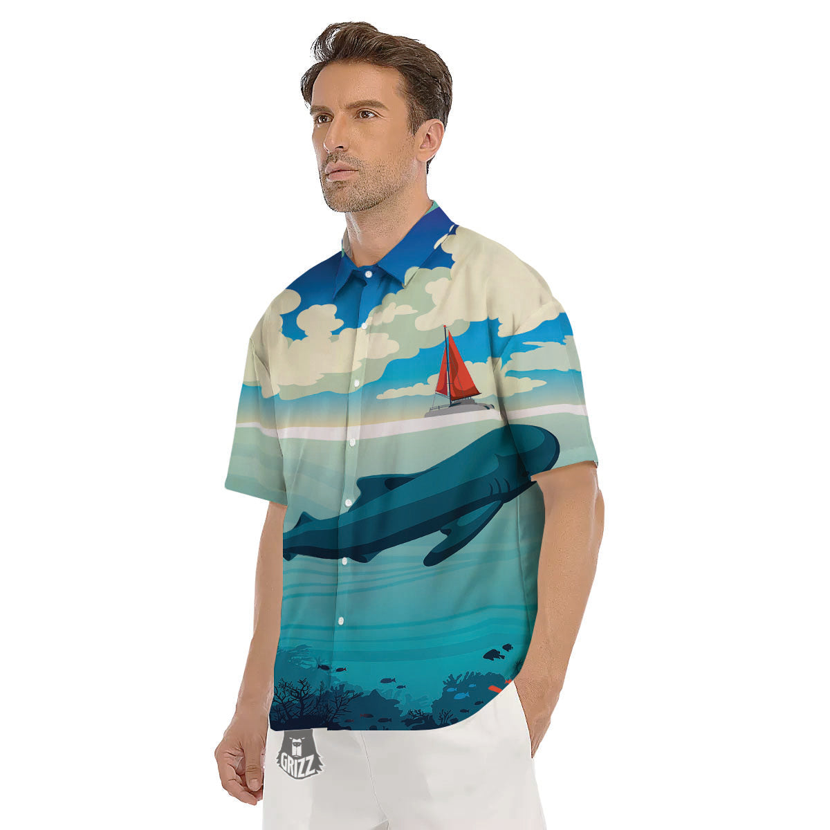 Blue Whale In Deep Sea Print Men's Short Sleeve Shirts-grizzshop