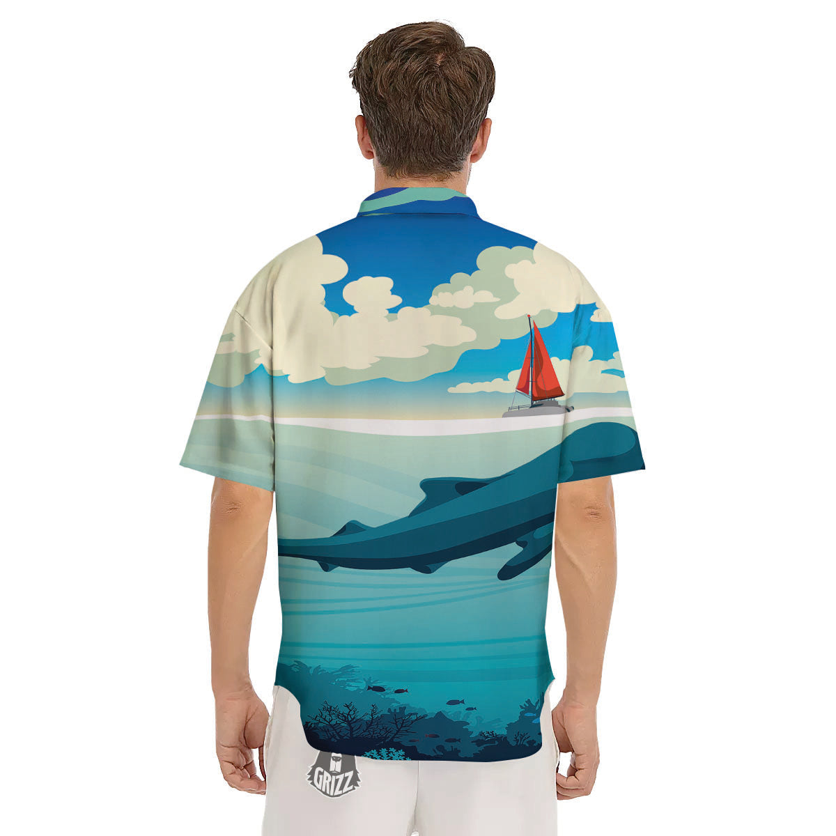 Blue Whale In Deep Sea Print Men's Short Sleeve Shirts-grizzshop