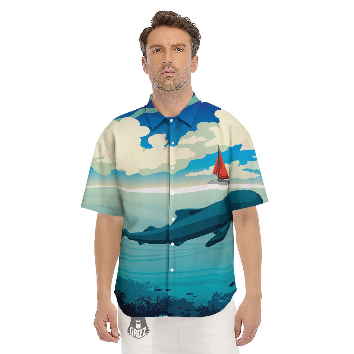 Blue Whale In Deep Sea Print Men's Short Sleeve Shirts-grizzshop