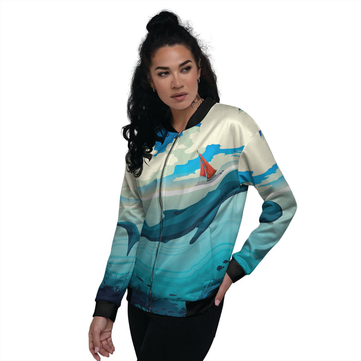 Blue Whale In Deep Sea Print Women's Bomber Jacket-grizzshop