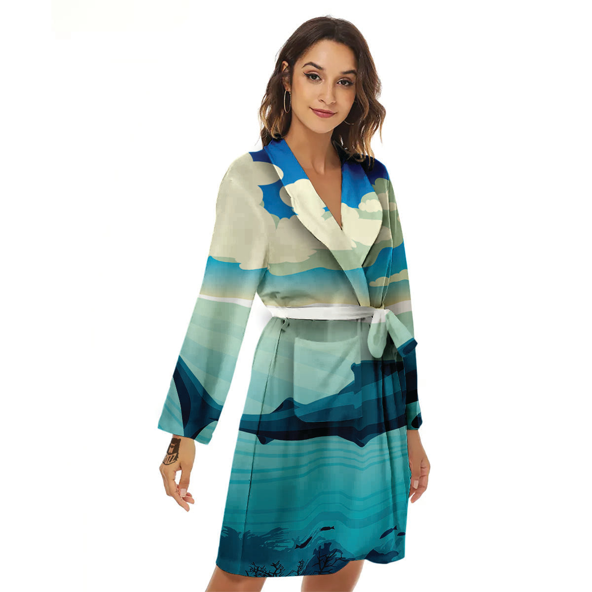 Blue Whale In Deep Sea Print Women's Robe-grizzshop