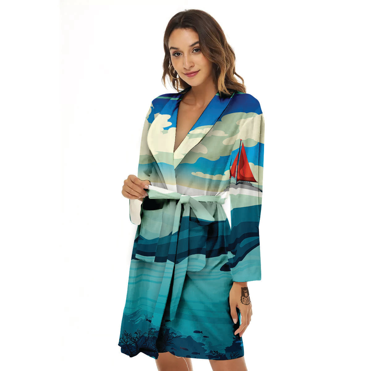 Blue Whale In Deep Sea Print Women's Robe-grizzshop