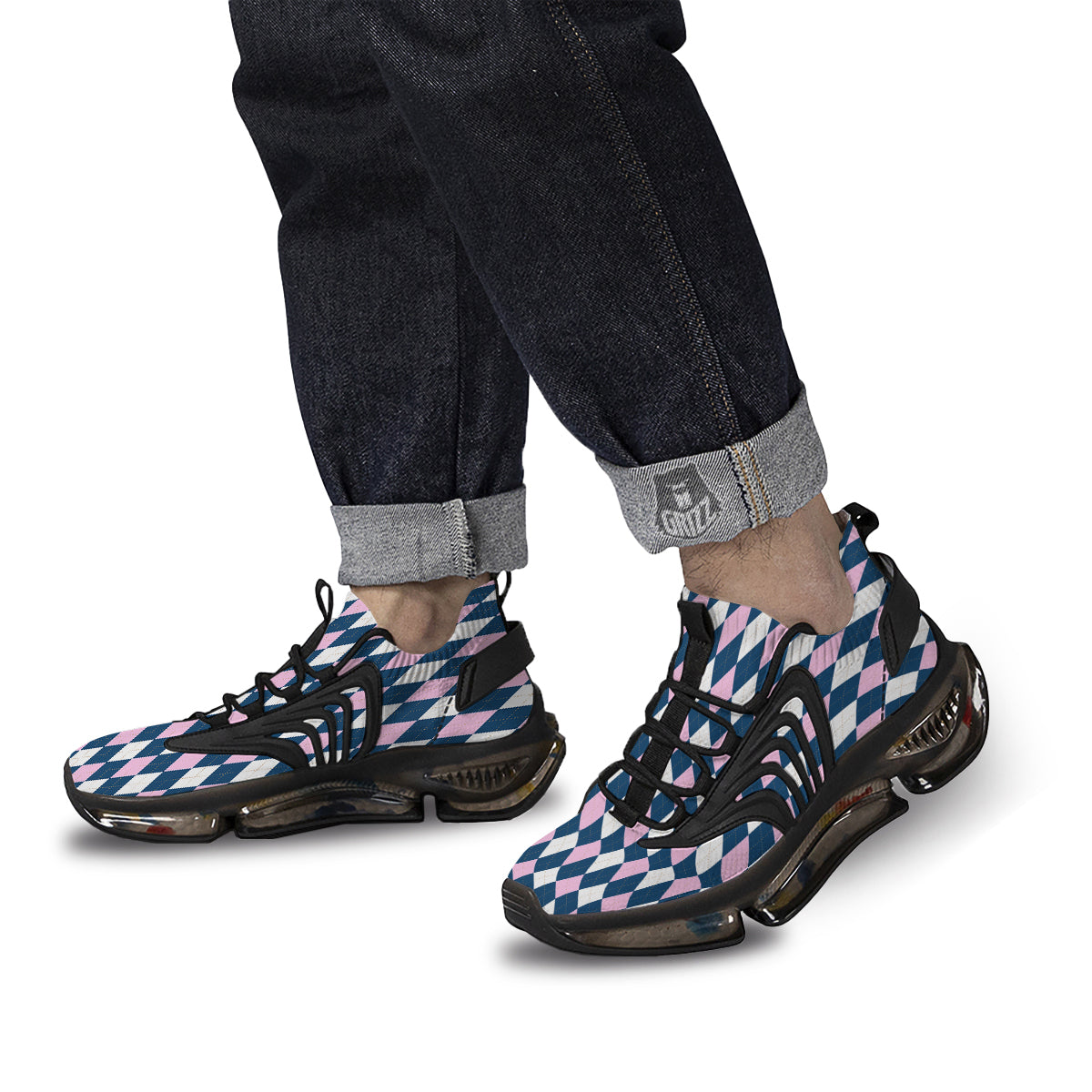 Blue White And Pink Argyle Print Pattern Black Gym Shoes-grizzshop