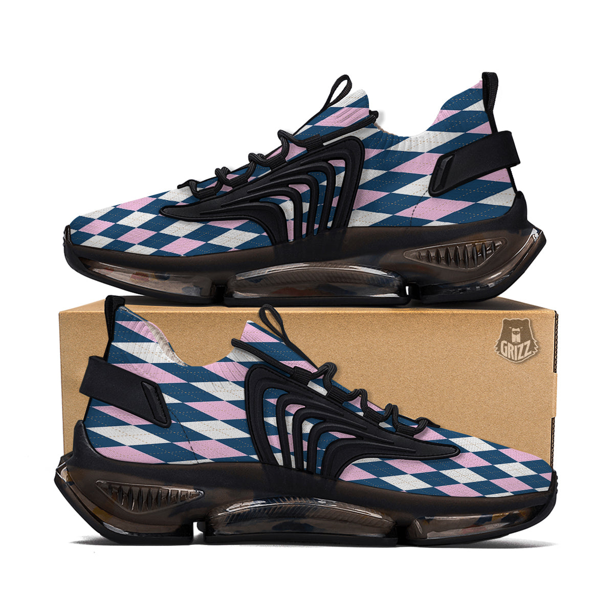 Blue White And Pink Argyle Print Pattern Black Gym Shoes-grizzshop