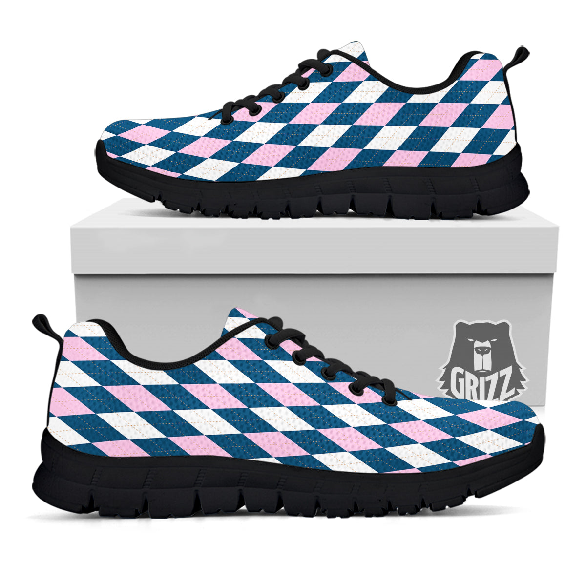 Blue White And Pink Argyle Print Pattern Black Sneaker-grizzshop