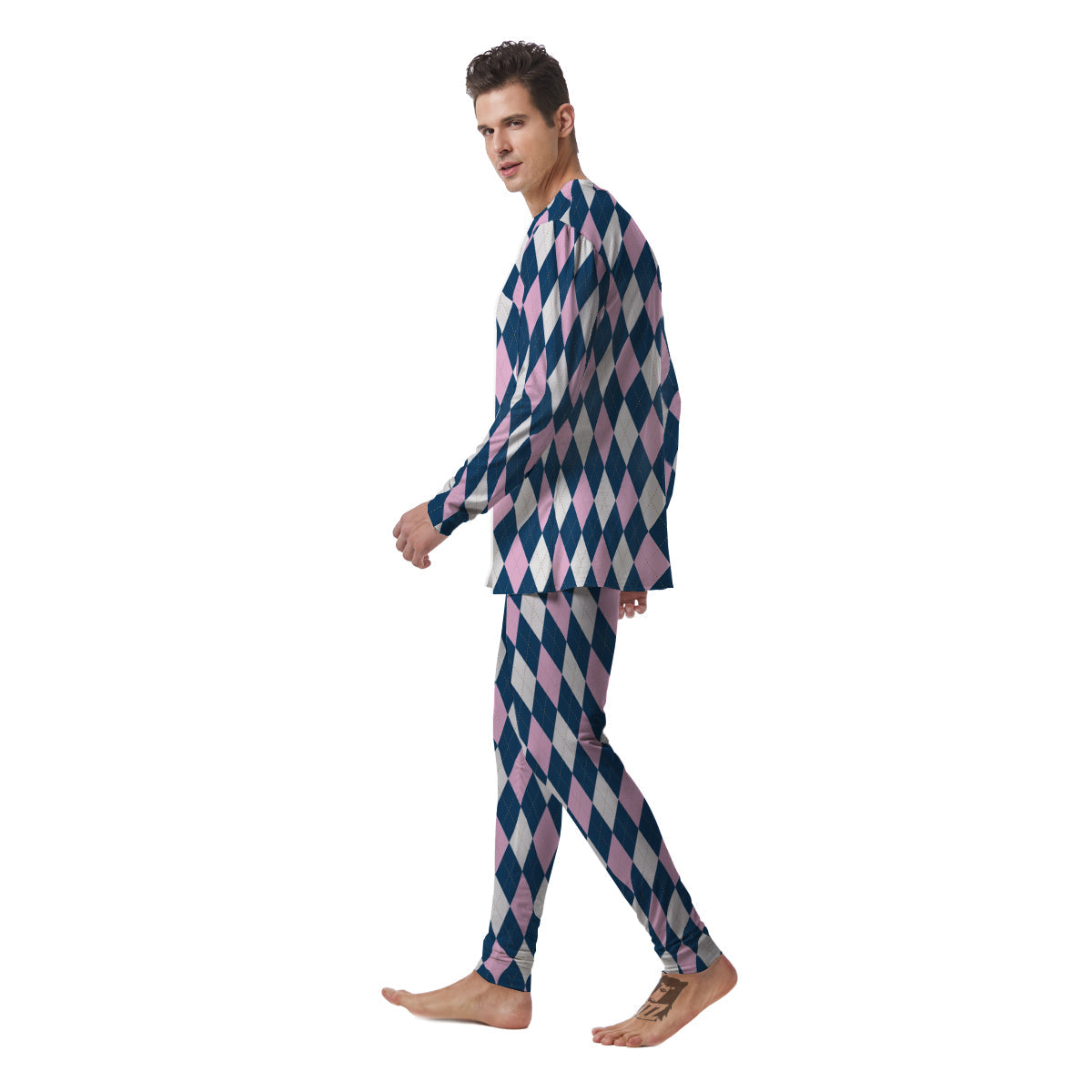 Blue White And Pink Argyle Print Pattern Men's Pajamas-grizzshop