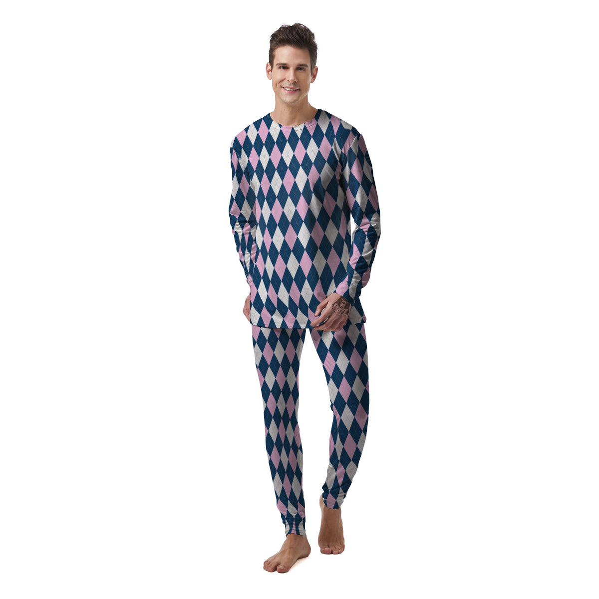 Blue White And Pink Argyle Print Pattern Men's Pajamas-grizzshop