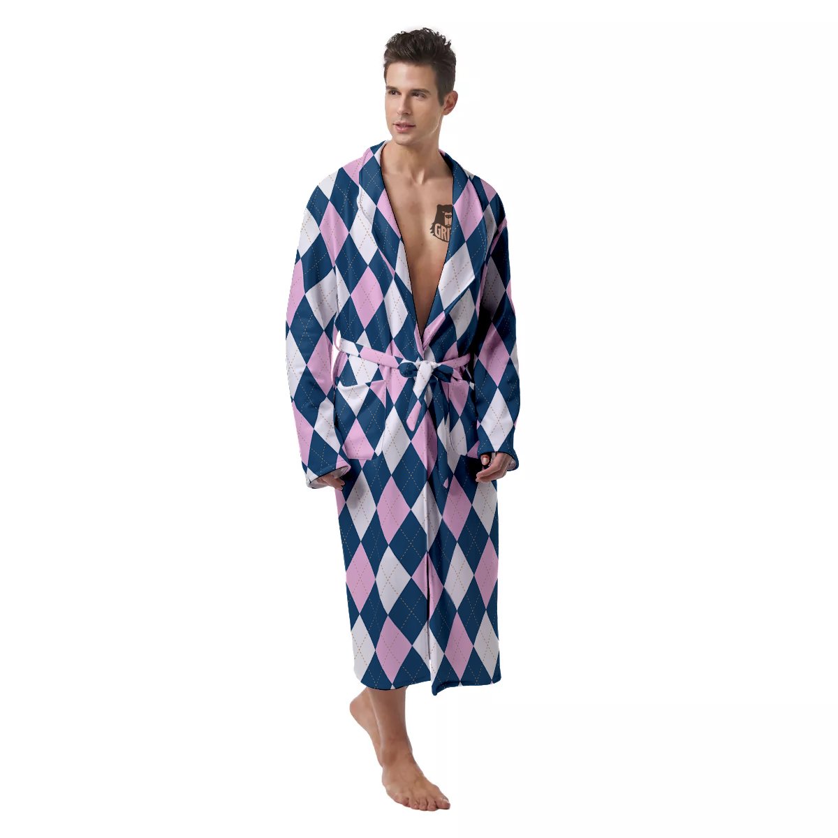 Blue White And Pink Argyle Print Pattern Men's Robe-grizzshop