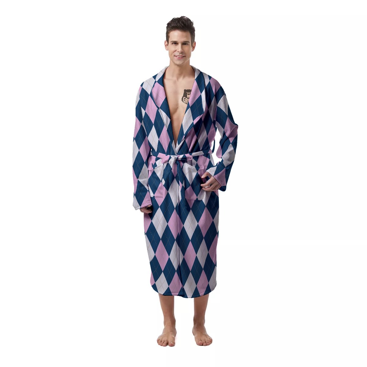 Blue White And Pink Argyle Print Pattern Men's Robe-grizzshop