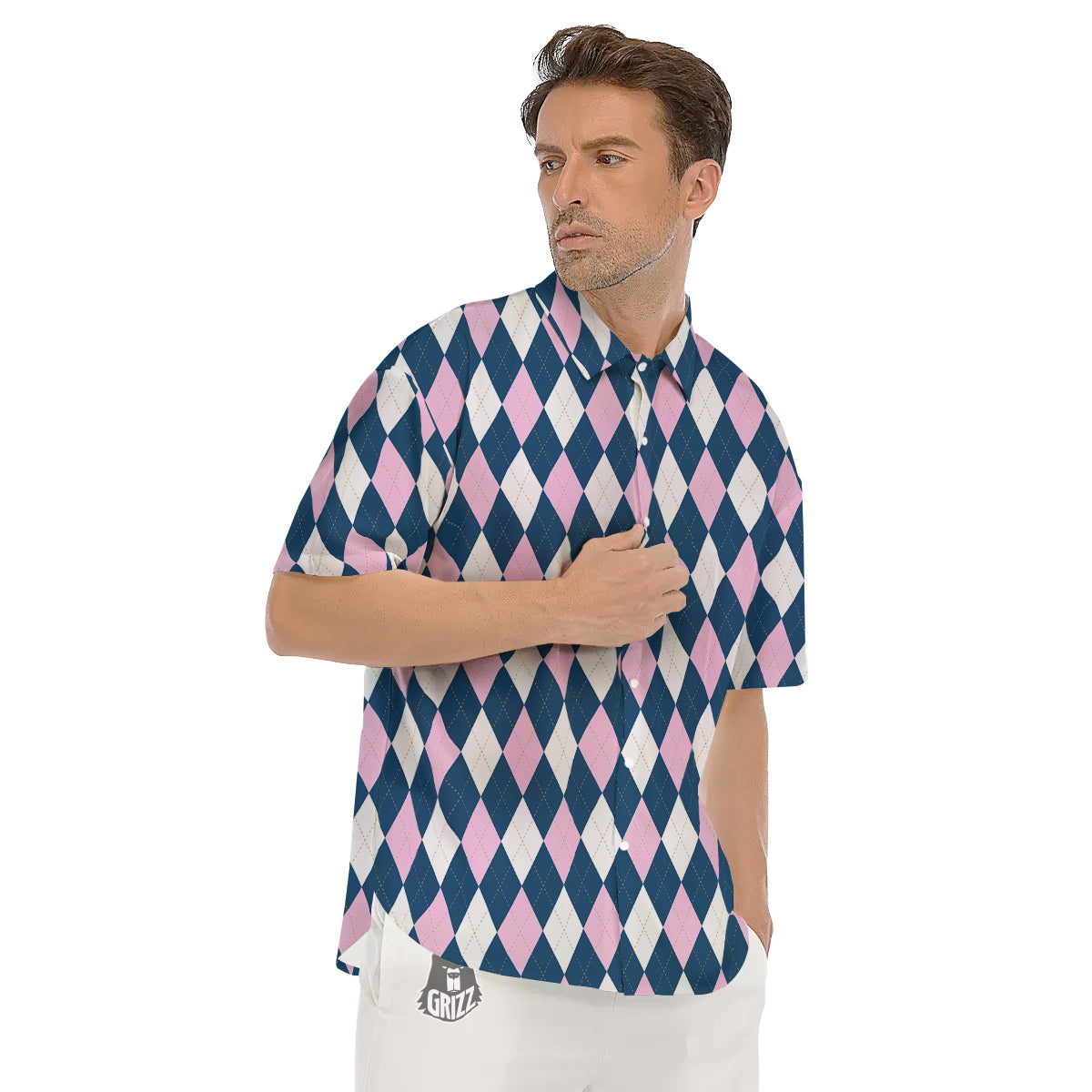 Blue White And Pink Argyle Print Pattern Men's Short Sleeve Shirts-grizzshop