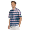 Blue White And Pink Argyle Print Pattern Men's Short Sleeve Shirts-grizzshop