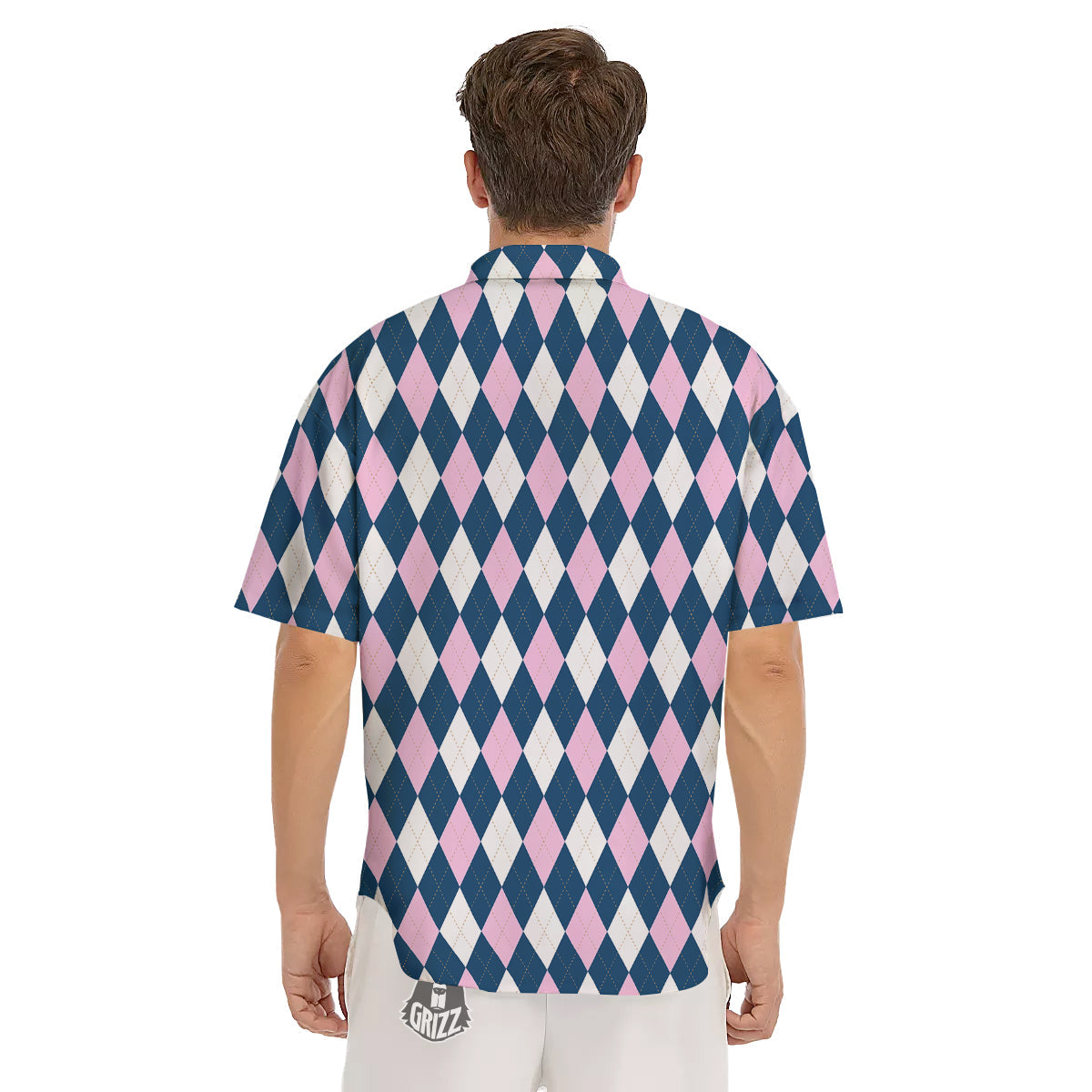 Blue White And Pink Argyle Print Pattern Men's Short Sleeve Shirts-grizzshop