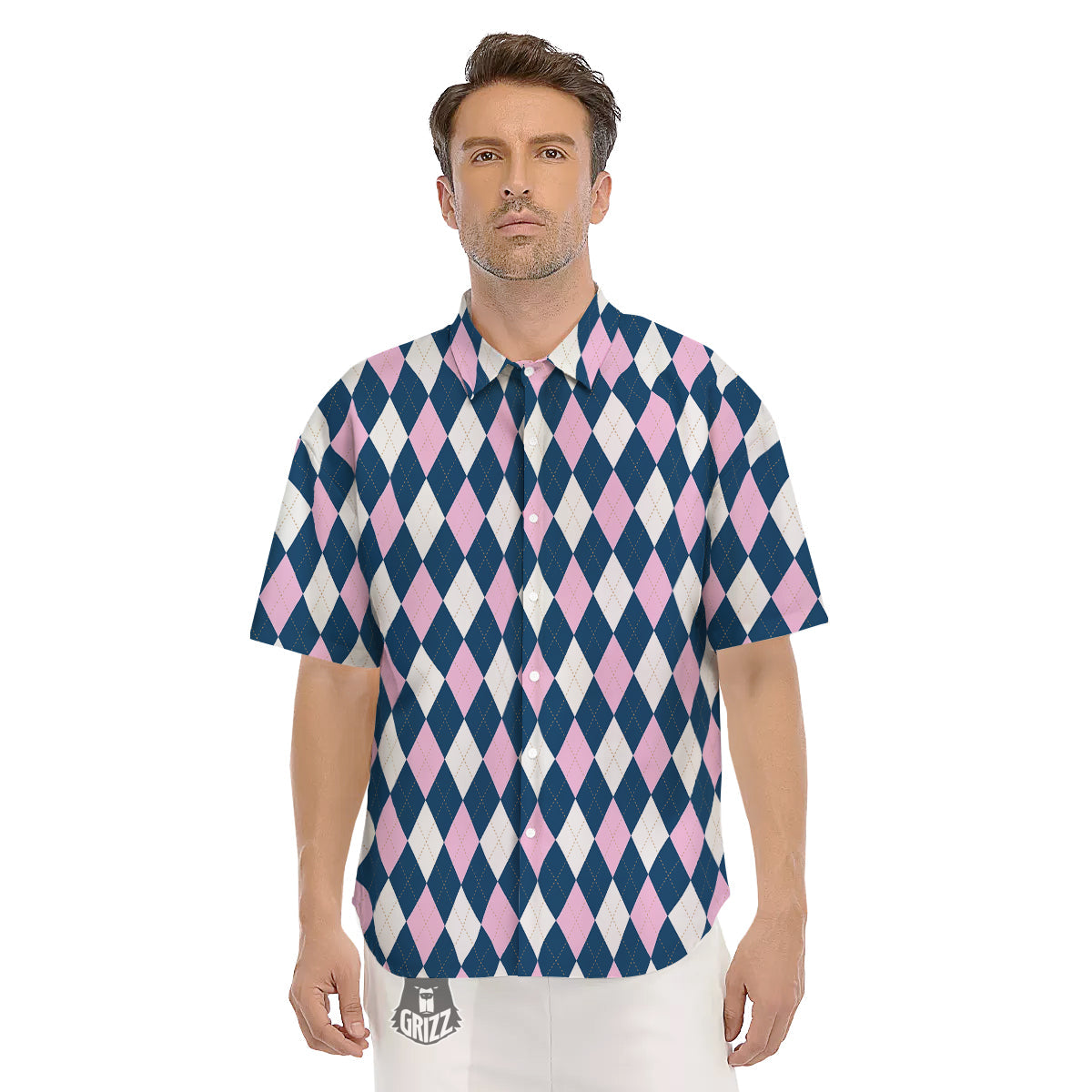 Blue White And Pink Argyle Print Pattern Men's Short Sleeve Shirts-grizzshop