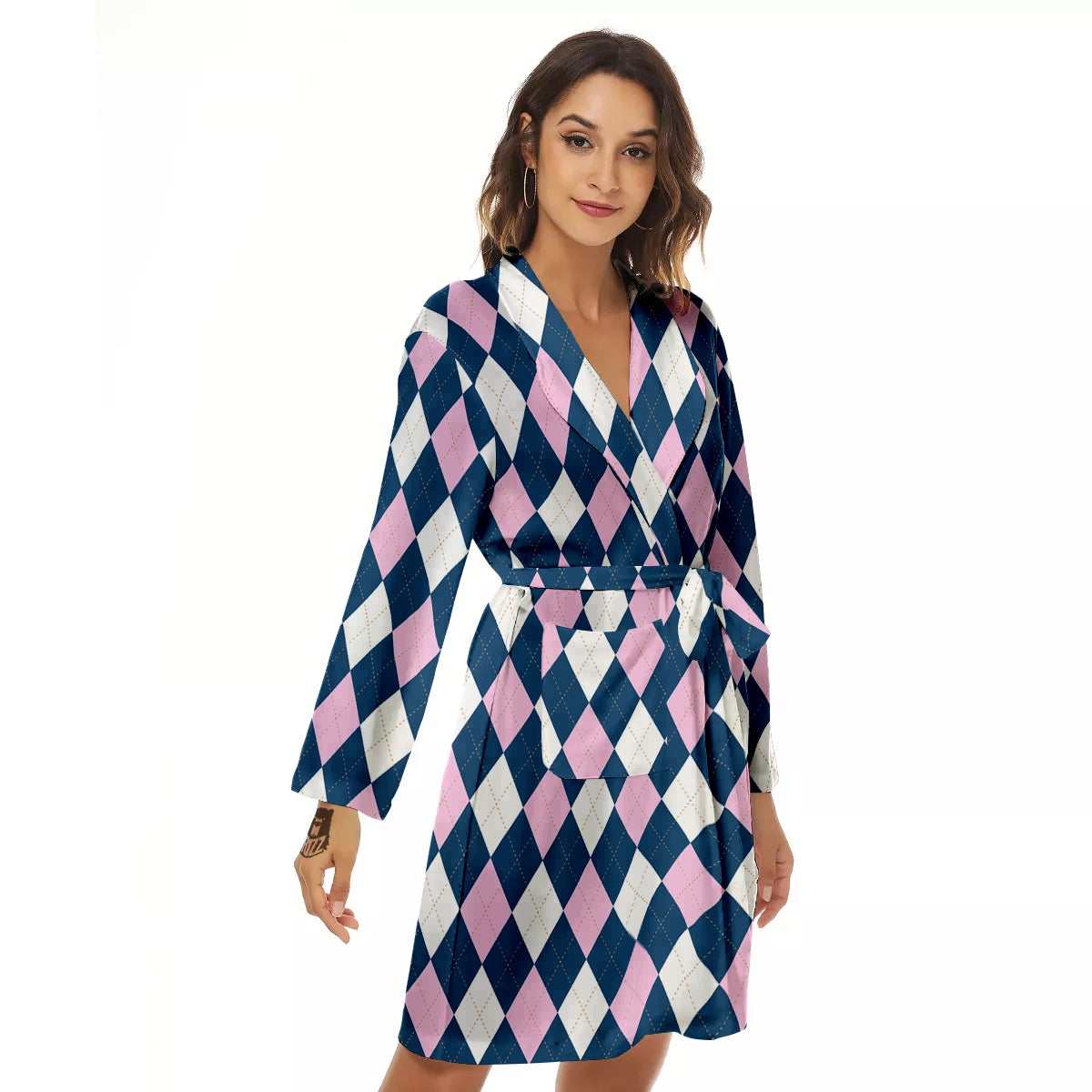 Blue White And Pink Argyle Print Pattern Women's Robe-grizzshop