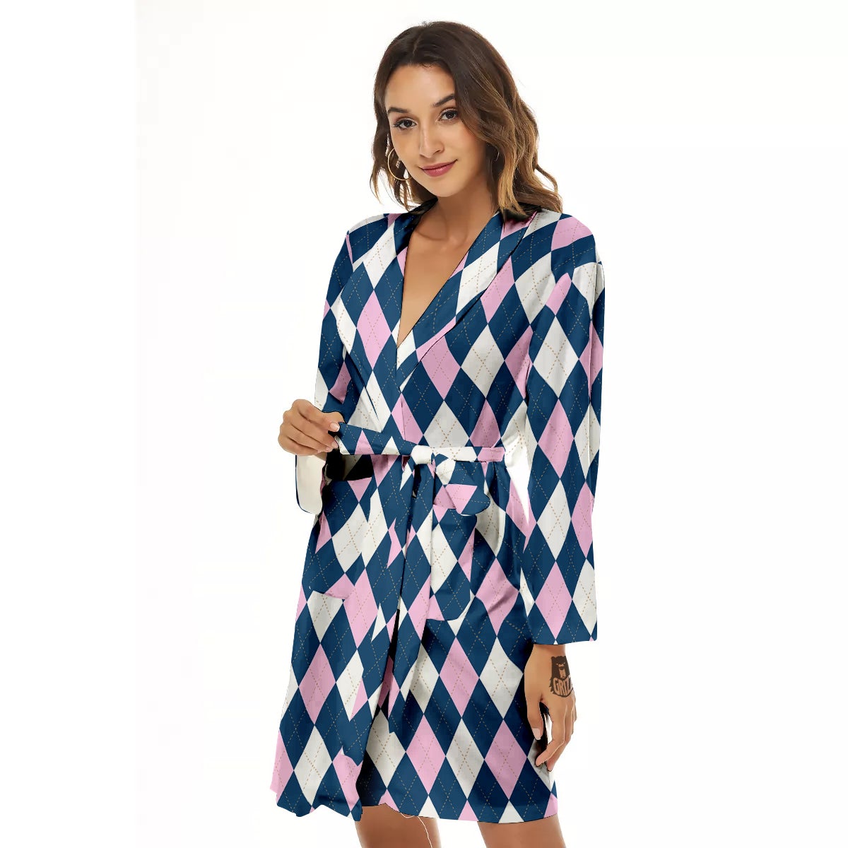Blue White And Pink Argyle Print Pattern Women's Robe-grizzshop