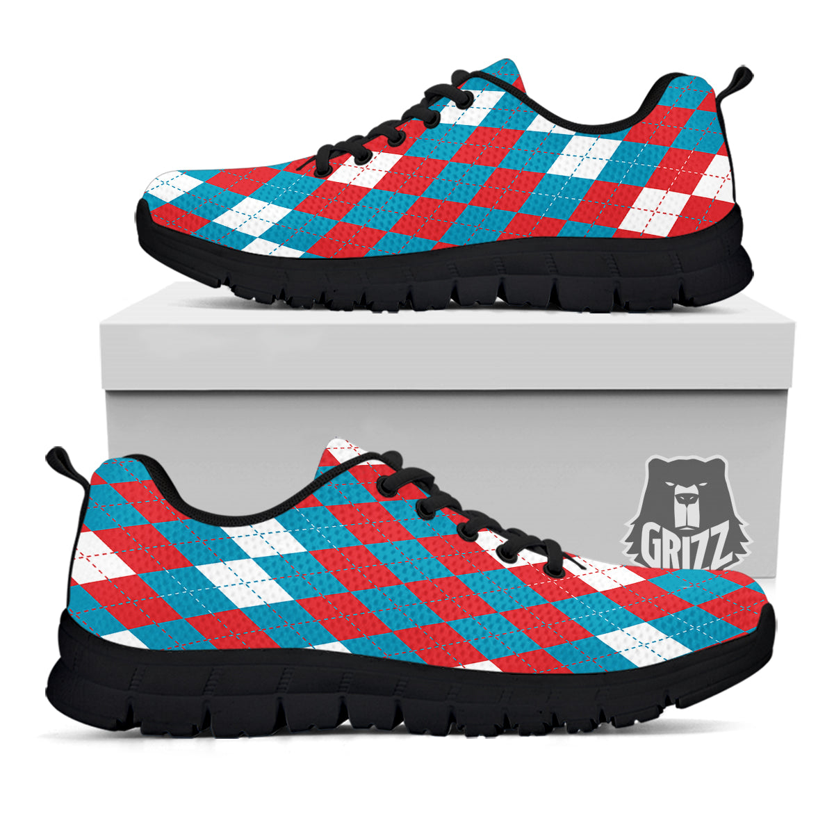 Blue White And Red Argyle Print Pattern Black Sneaker-grizzshop