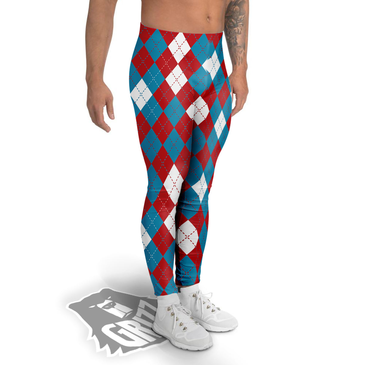 Blue White And Red Argyle Print Pattern Men's Leggings-grizzshop