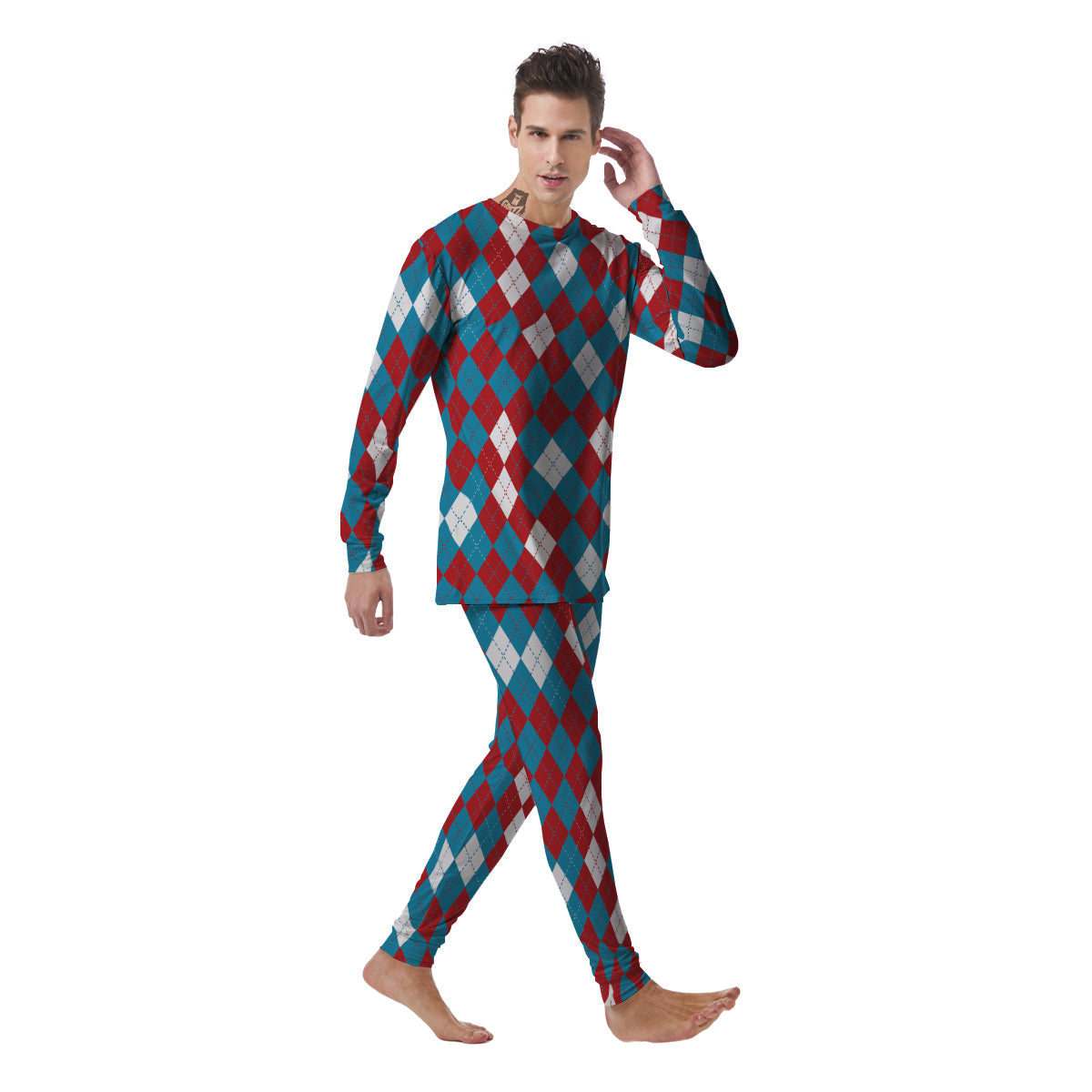 Blue White And Red Argyle Print Pattern Men's Pajamas-grizzshop