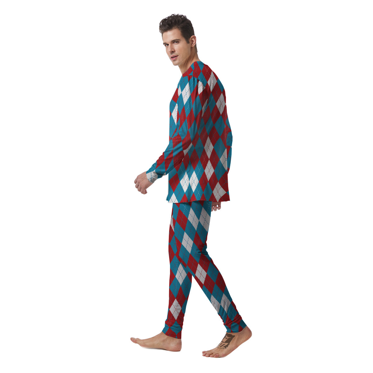 Blue White And Red Argyle Print Pattern Men's Pajamas-grizzshop