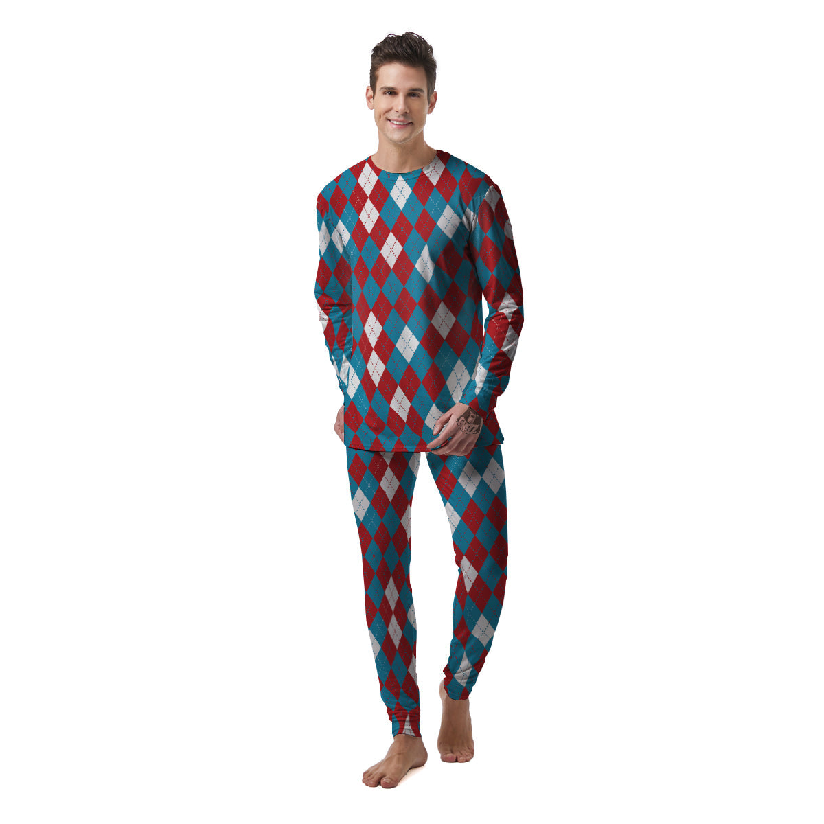 Blue White And Red Argyle Print Pattern Men's Pajamas-grizzshop