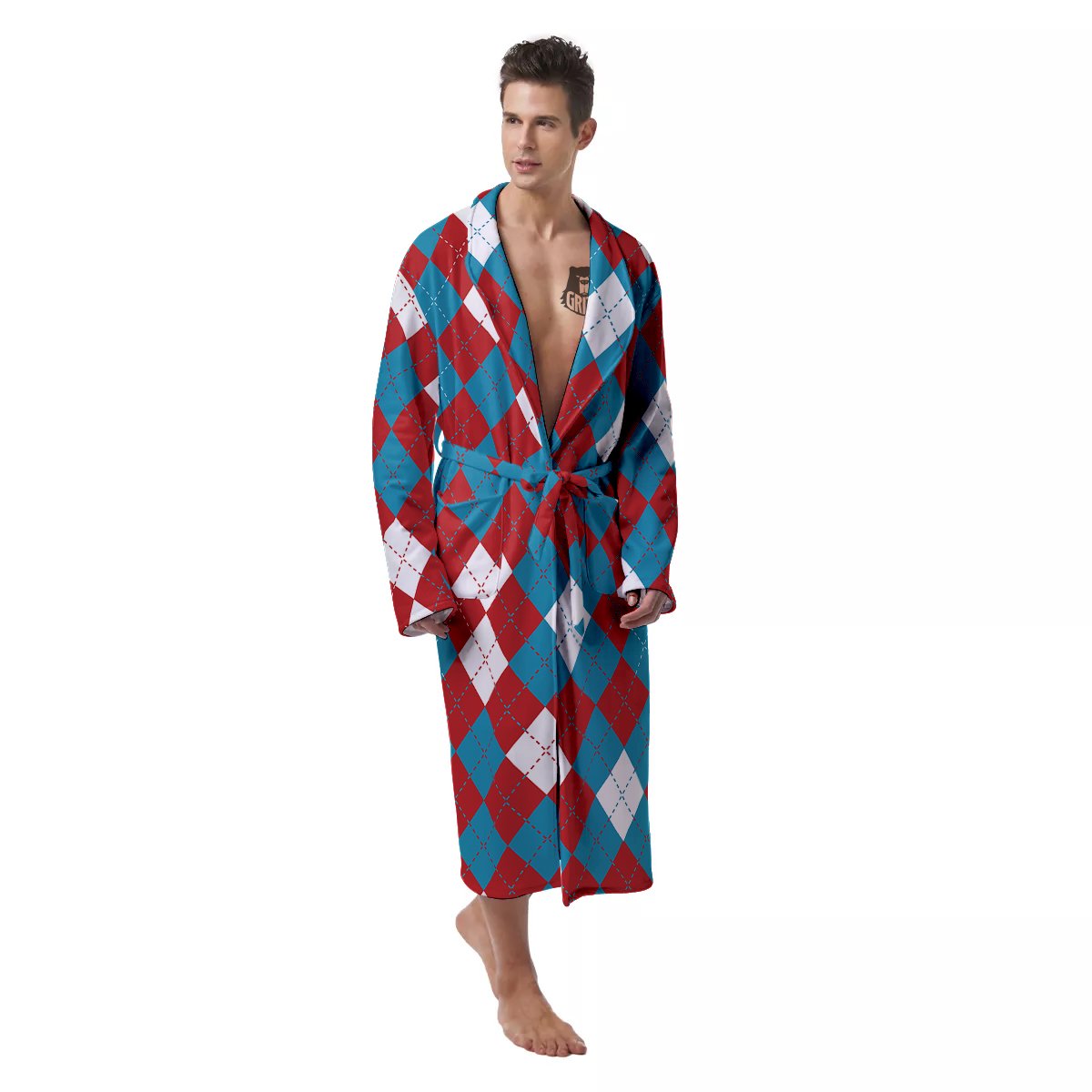 Blue White And Red Argyle Print Pattern Men's Robe-grizzshop