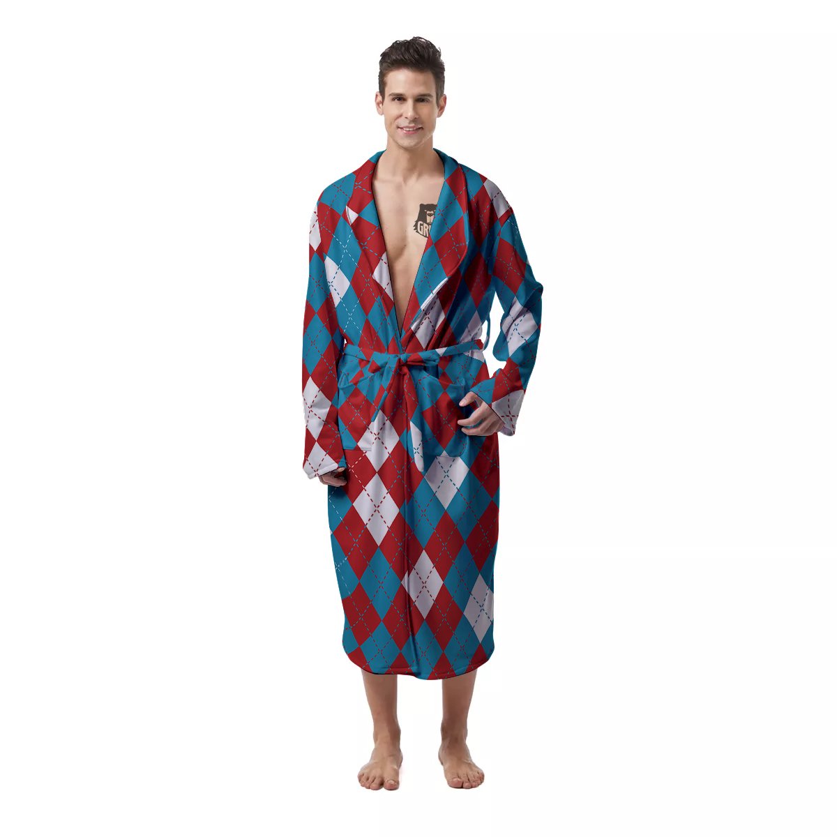 Blue White And Red Argyle Print Pattern Men's Robe-grizzshop
