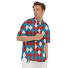 Blue White And Red Argyle Print Pattern Men's Short Sleeve Shirts-grizzshop