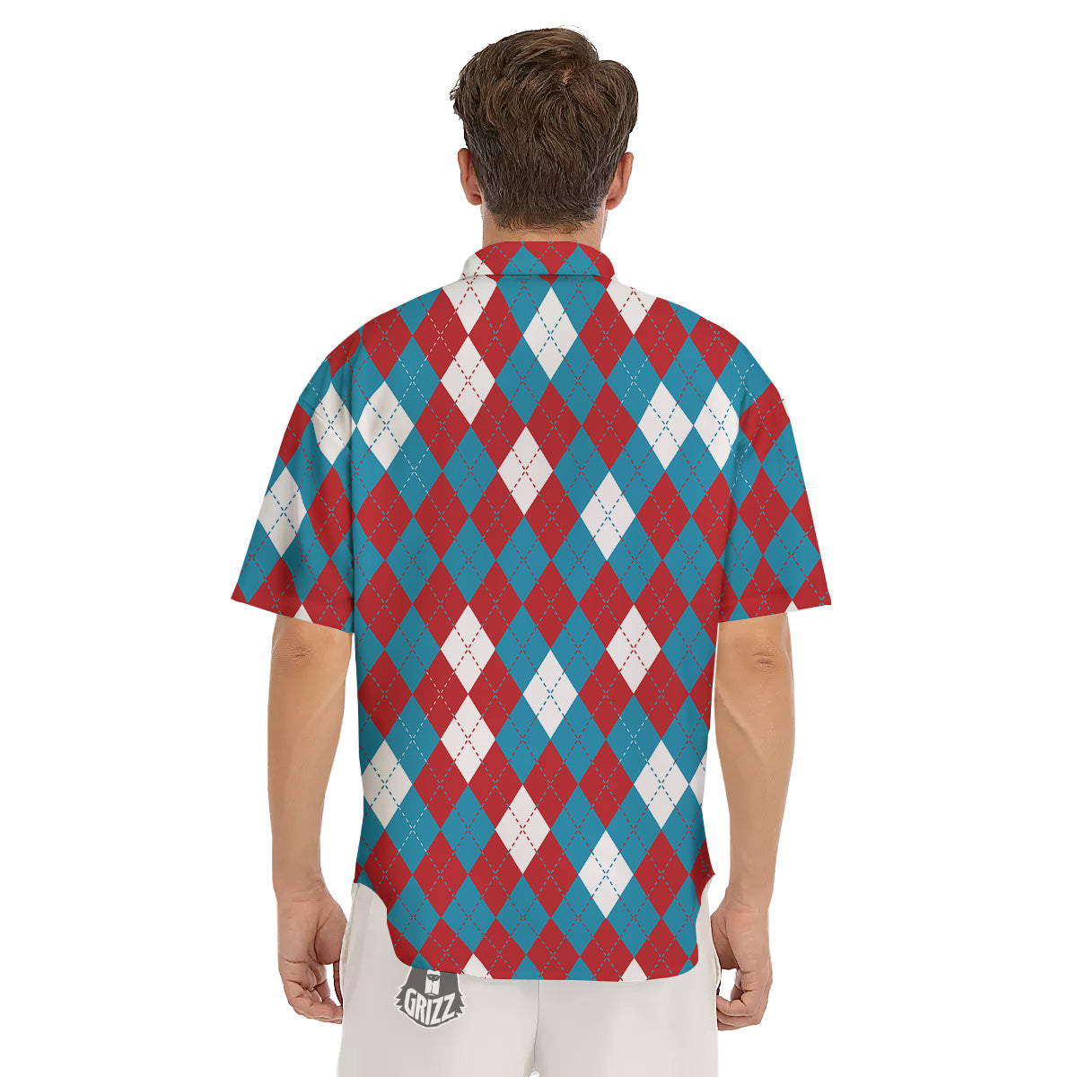 Blue White And Red Argyle Print Pattern Men's Short Sleeve Shirts-grizzshop