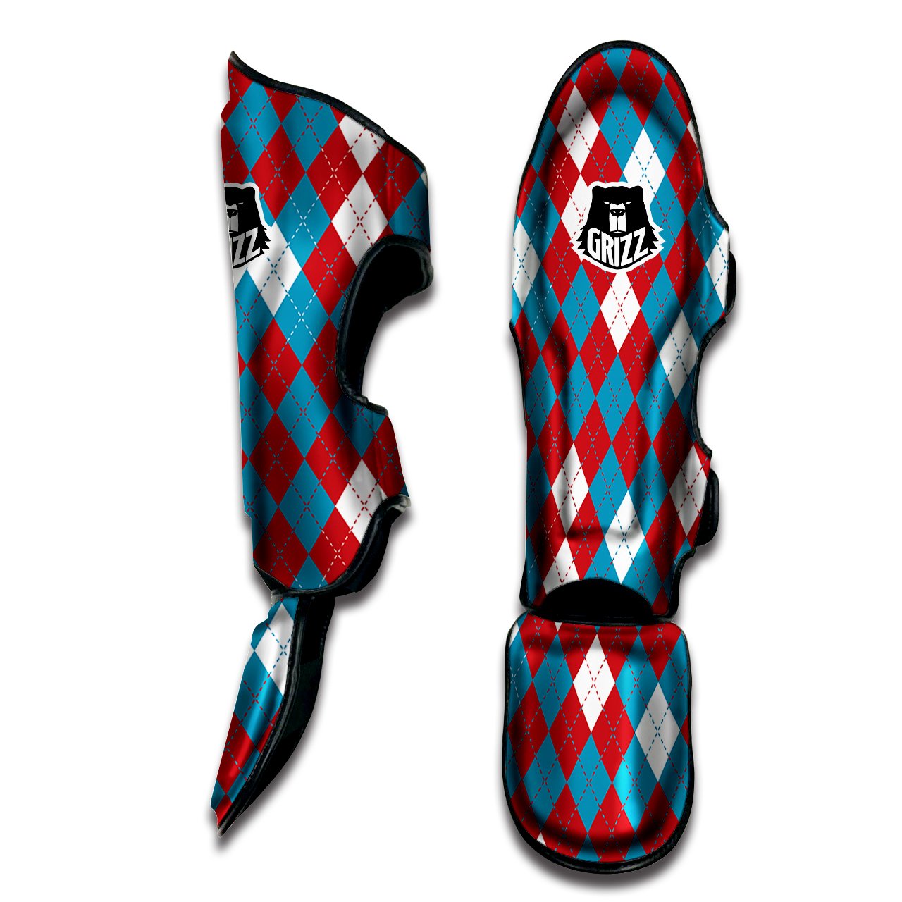 Blue White And Red Argyle Print Pattern Muay Thai Shin Guards-grizzshop