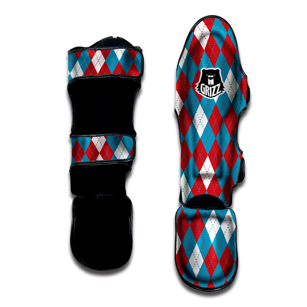 Blue White And Red Argyle Print Pattern Muay Thai Shin Guards-grizzshop