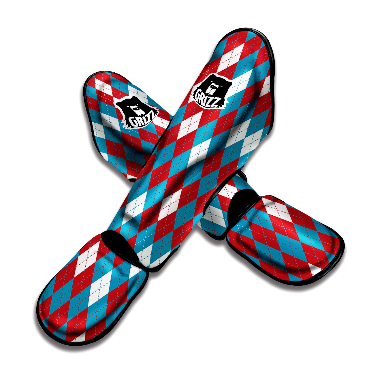 Blue White And Red Argyle Print Pattern Muay Thai Shin Guards-grizzshop