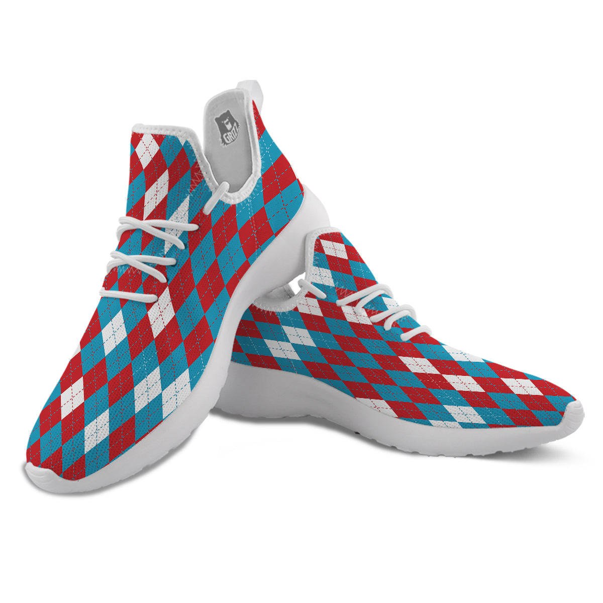 Blue White And Red Argyle Print Pattern White Athletic Shoes-grizzshop